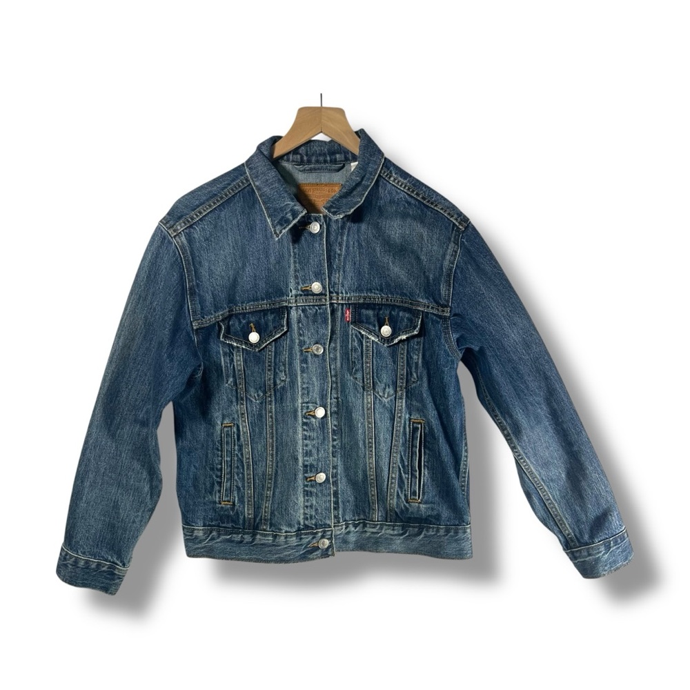 Levis Premium Denim Trucker Jacket Jean Big E Blue Medium Wash Women's Sz Medium